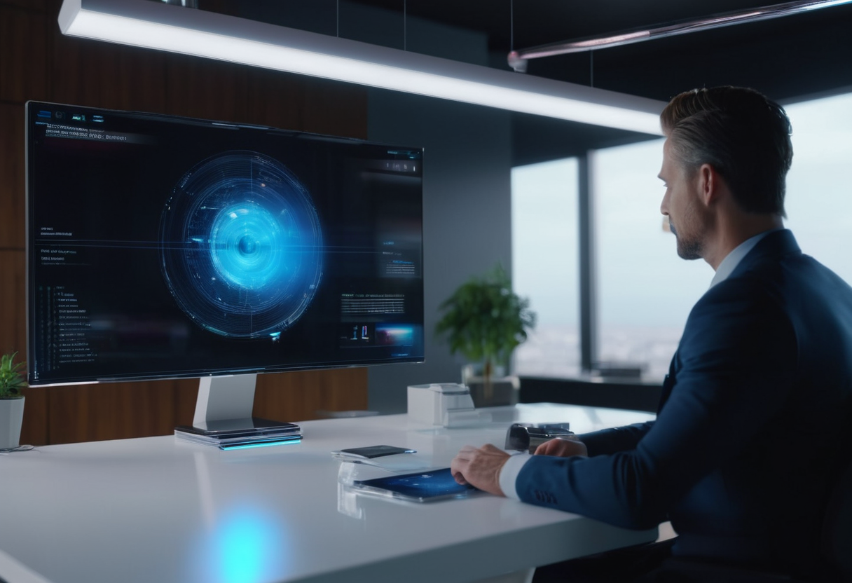 futuristic AI assistant helping a business owner manage their company, sleek holographic interface, modern office