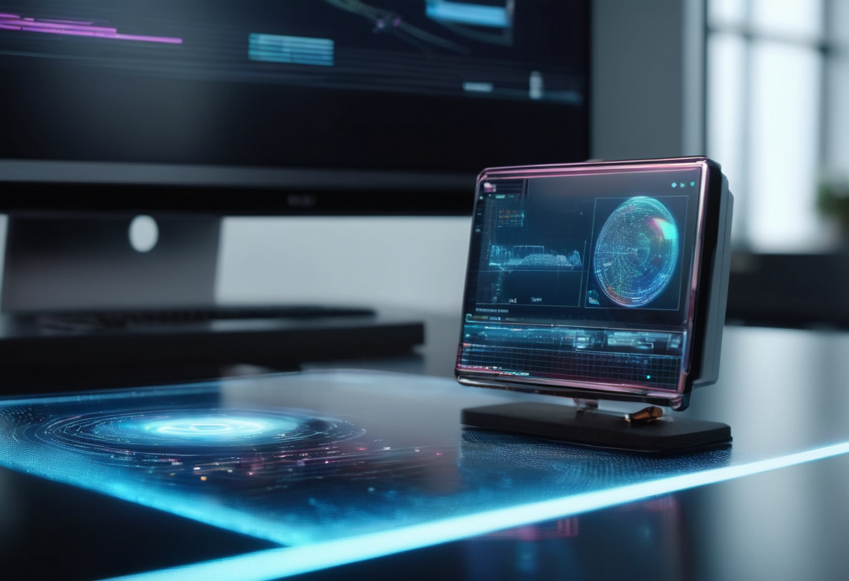 futuristic AI assistant helping a business owner manage their company, sleek holographic interface, modern office