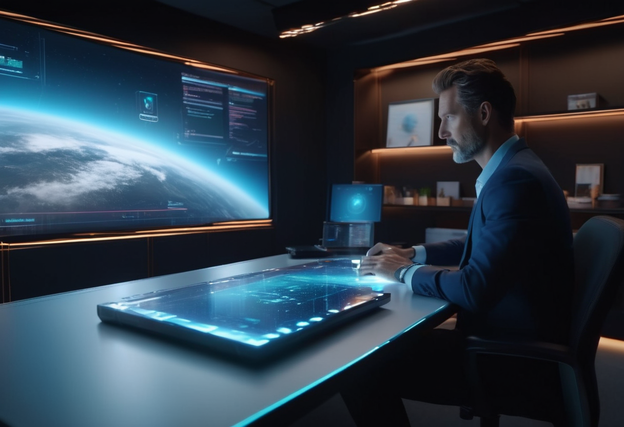 futuristic AI assistant helping a business owner manage their company, sleek holographic interface, modern office
