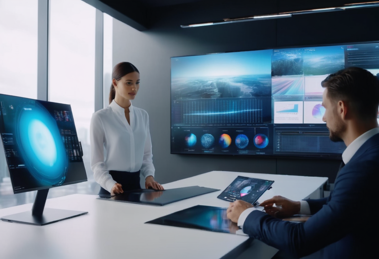 futuristic AI assistant helping a business owner manage their company, sleek holographic interface, modern office