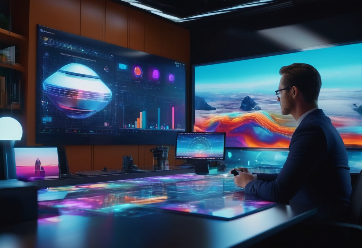 futuristic AI assistant helping a business owner manage their company, sleek holographic interface, modern office