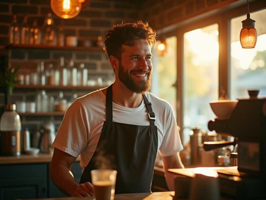 Cafe owner smiling behind the counter