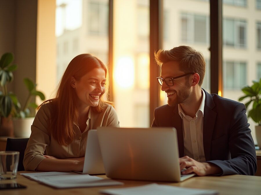 Two professionals collaborating at a laptop