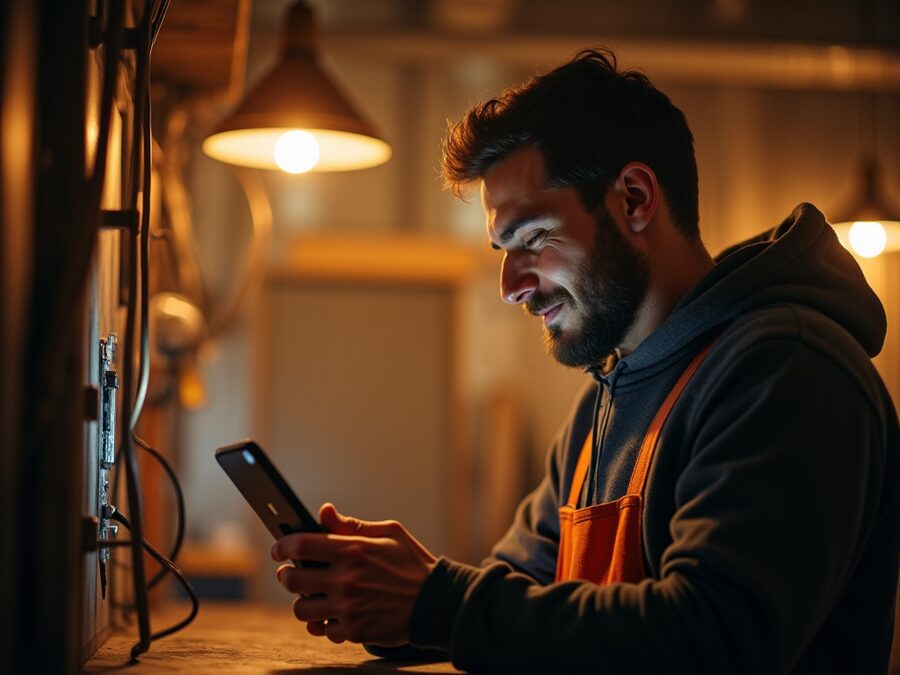 Tradesperson checking a message between jobs